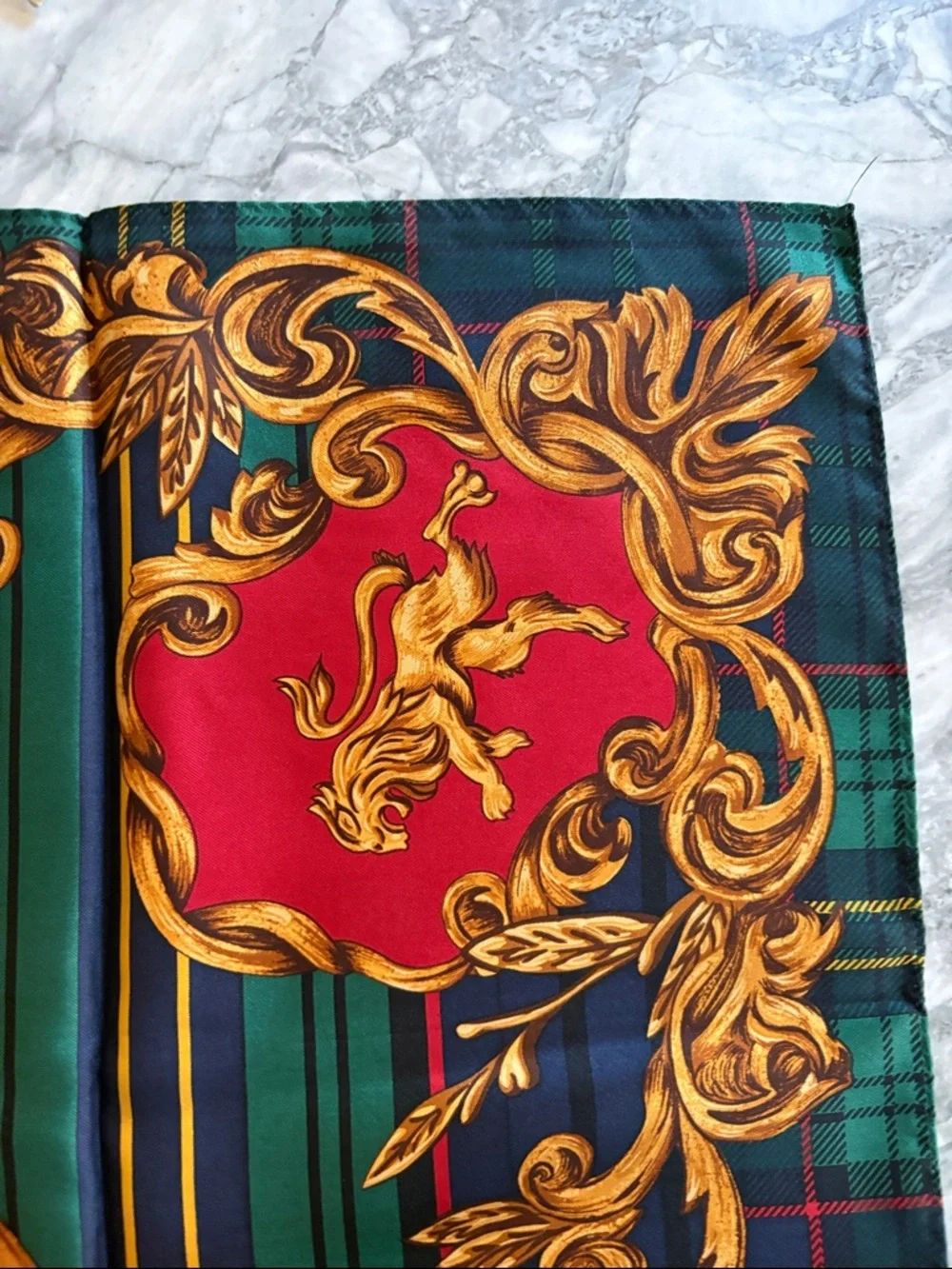 Vintage Ralph Lauren Gold and Red Double Lion Silk Scarf — Gold,NavyRed & Green